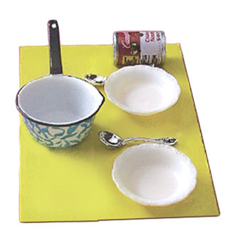 Dollhouse Miniature Soup with Pan, Bowls & Spoons